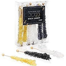 Happy New Year Rock Candy Crystal Sticks - 10 Indiv. Wrapped Gold, Black & White | Amazon (US)