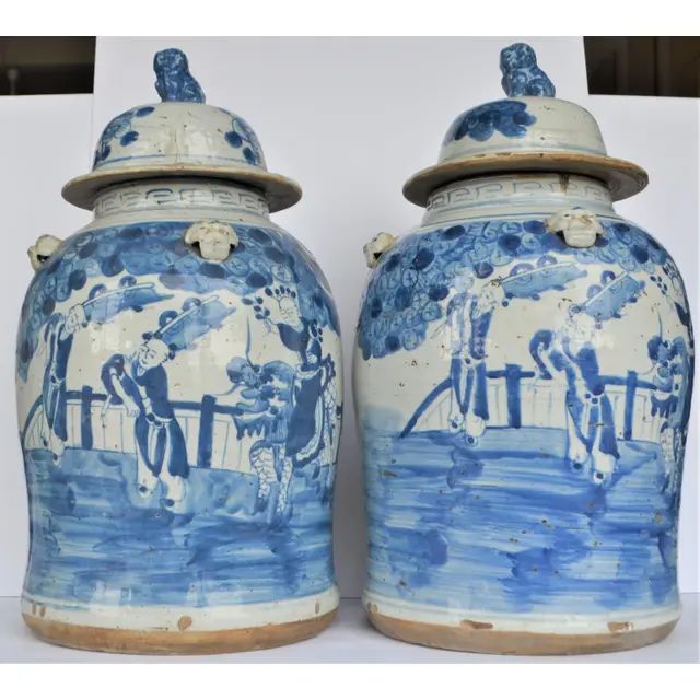Vintage Chinoiserie White & Blue Children & Qulin Ginger Jar - a Pair | Chairish