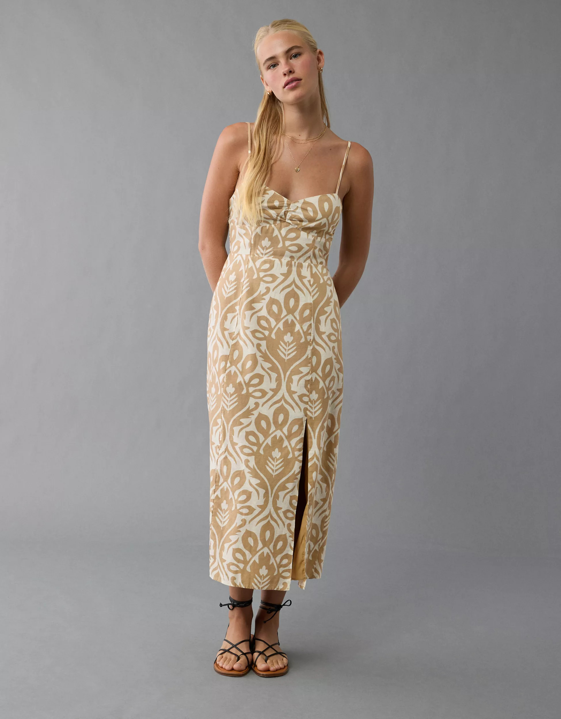 AE Catie Corset Printed Column Midi Dress | American Eagle Outfitters (US & CA)