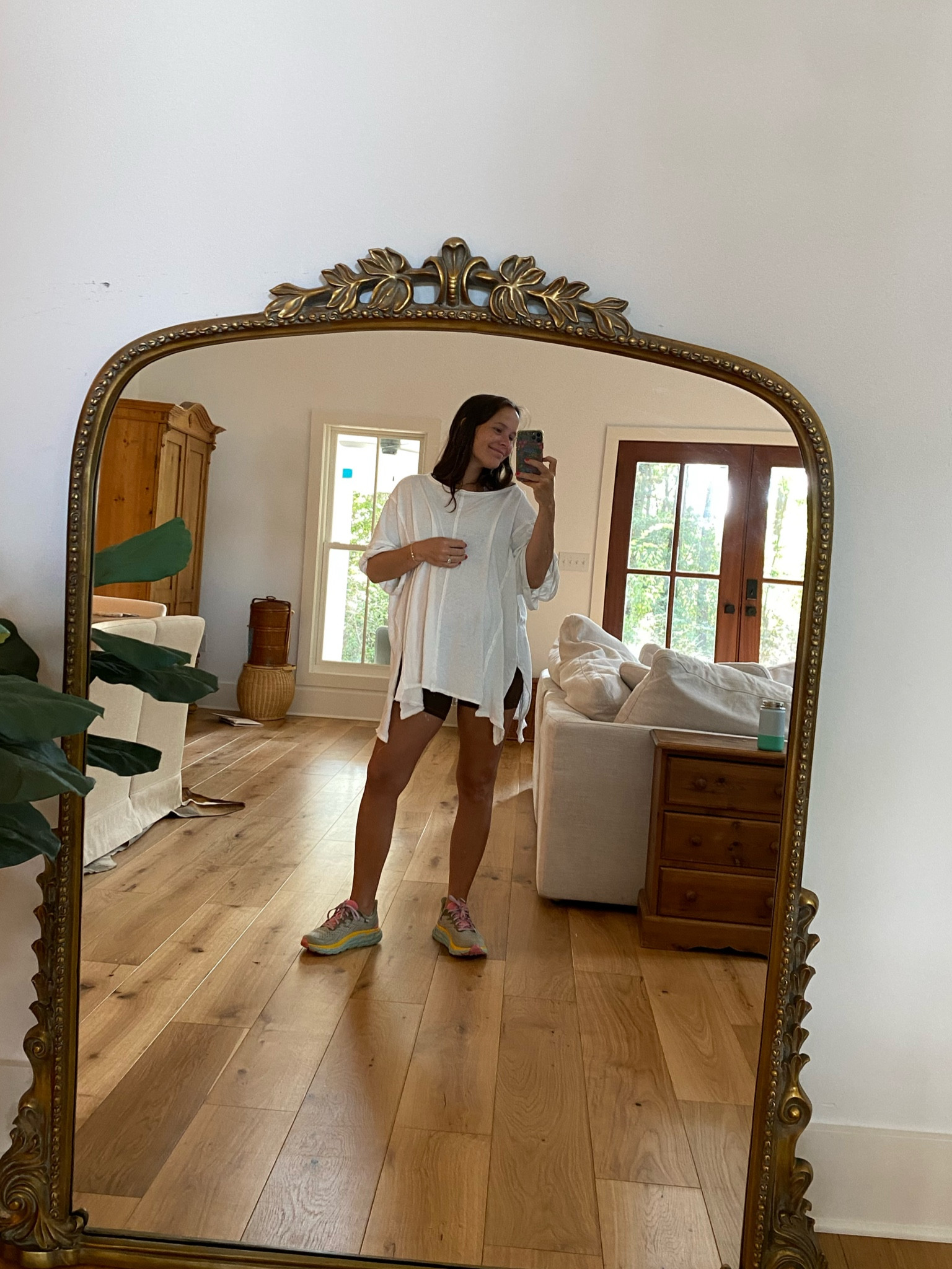 New fav shirt!!! Runs huge, wearing xs 8 months pregnant. So comfy and perfect with lulus biker shorts  