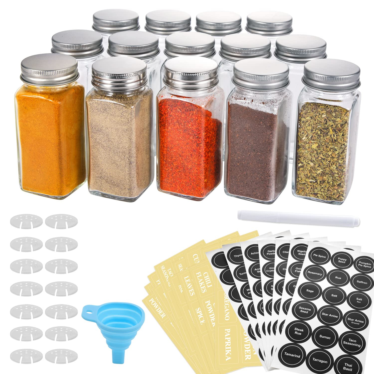 AOZITA 14 Pcs Glass Spice Jars with Spice Labels - 4oz Empty Square Spice Bottles - Shaker Lids a... | Amazon (US)