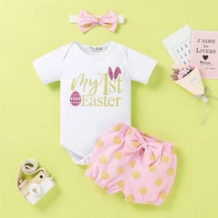 uikmnh Baby Girls Boys First Easter Bunny Romper Tops Bow Polka Dot Shorts Headband Outfits Set 0-18 | Walmart (US)