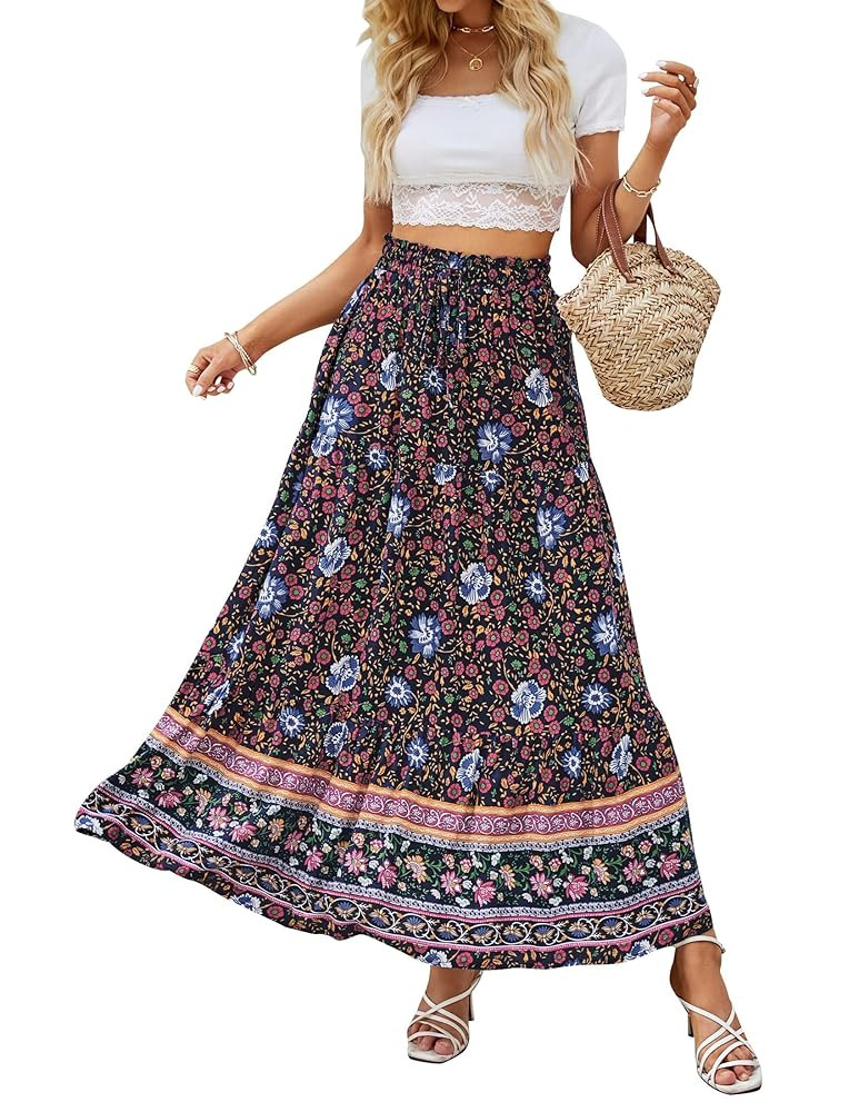 ZESICA Women's 2025 Summer Bohemian Floral Printed Elastic Waist A Line Maxi Skirt with Pockets | Amazon (US)