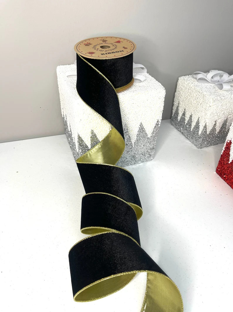 Black and Sheer Gold Wired Ribbon Double Sided 2.5 X 10 Yards - Etsy | Etsy (US)