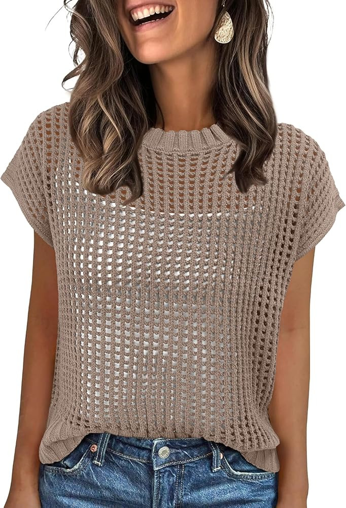 ANRABESS Women\u2019s Tops 2026 Trendy Summer Shirts Crochet Cap Sleeve Knitted Sweater Spring Be... | Amazon (US)