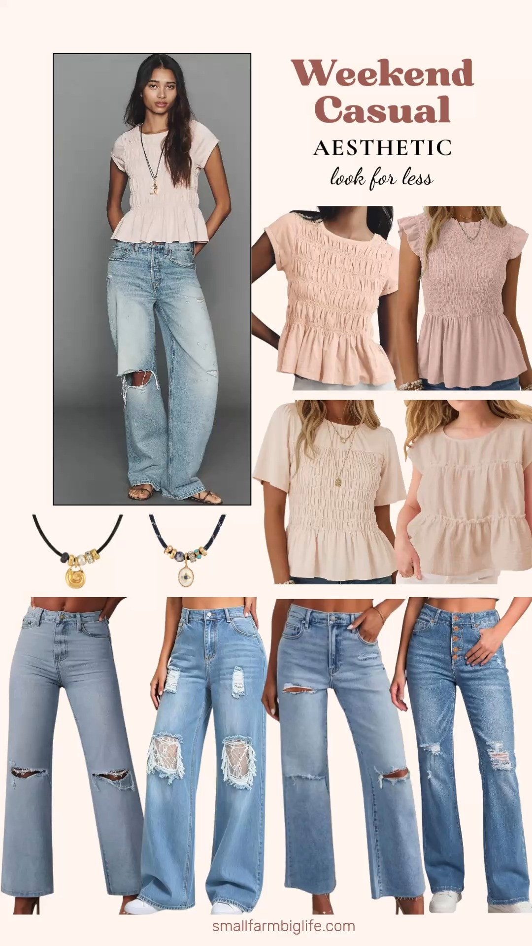 The Anthropologie Pilcro Smocked Peplum Tee is such a cute and casual weekend top but at $58 Amazon has some really beautiful look for less options starting at just $15. I rounded up four Amazon alternatives with the same smocked babydoll peplum silhouette including ruched cap sleeve styles, ruffle hem options, and a striped version all for under $30. Pair any of these with the wide leg ripped and frayed hem jeans in this round up for that effortless weekend casual aesthetic that looks so put together without trying too hard. The light wash straight ankle style and the black cropped wide leg are both such great denim options right now and the cord pendant necklace with a natural stone charm is the perfect finishing touch for a relaxed and trendy summer look. Both the Anthropologie version and all the Amazon options are linked so you can decide which works best for your budget. Tap to shop! 

 #LTKgrwm #LTKootd #LTKOver40