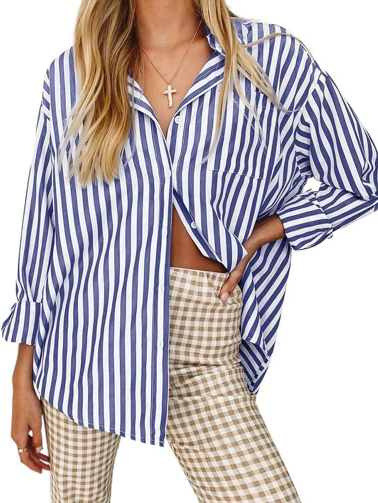 thefabland Women's Blouses Striped Long Sleeve Shirts Button Down Loose Fit Casual Tops | Amazon (US)