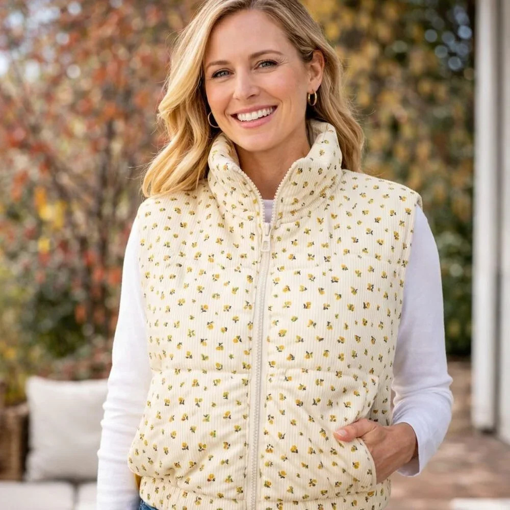 Altard State Corduroy Floral Puffer Vest Size L Cream Yellow Green Cropped Zip | Poshmark