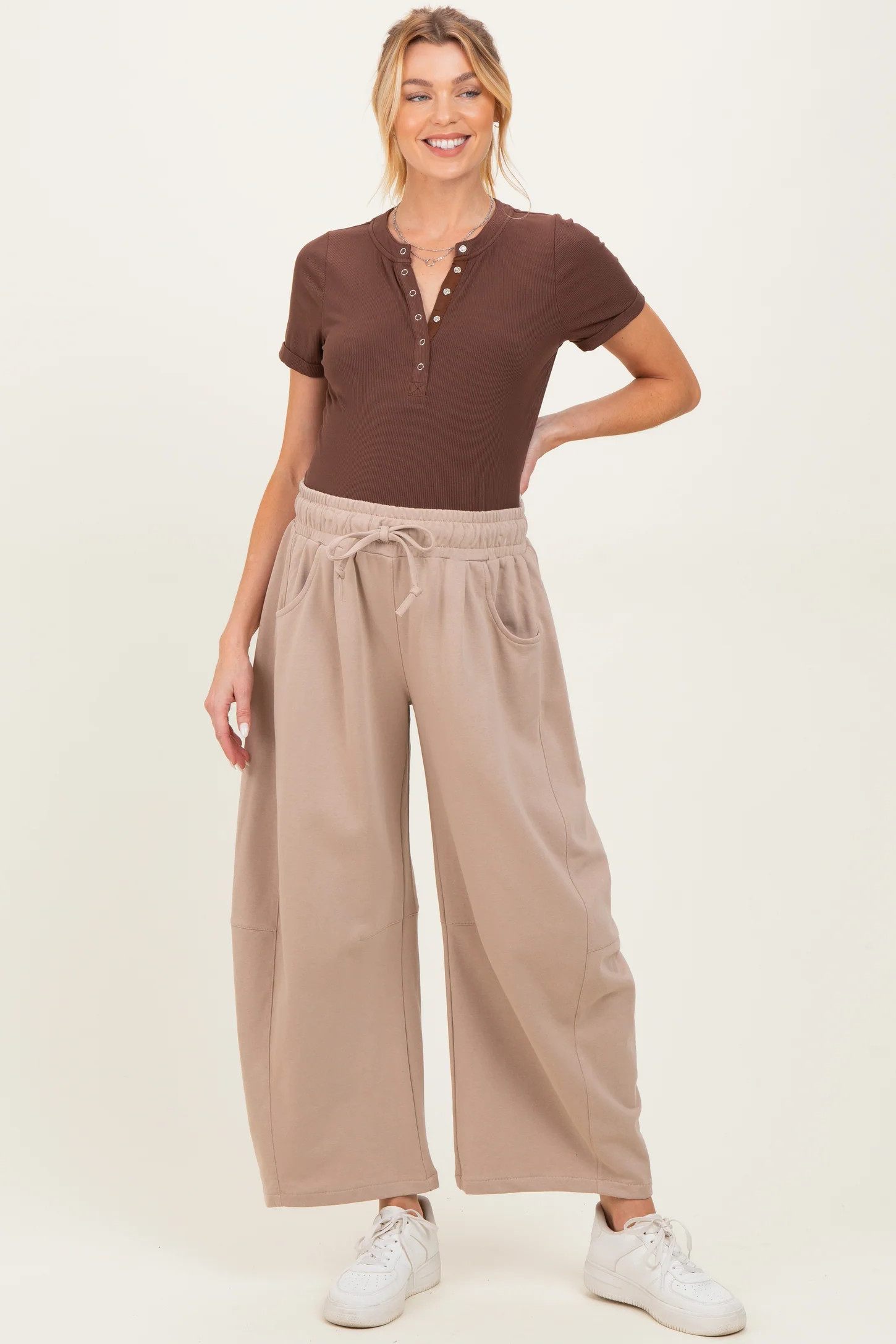 Taupe Barrel Leg Terry Maternity Sweatpants | PinkBlush Maternity