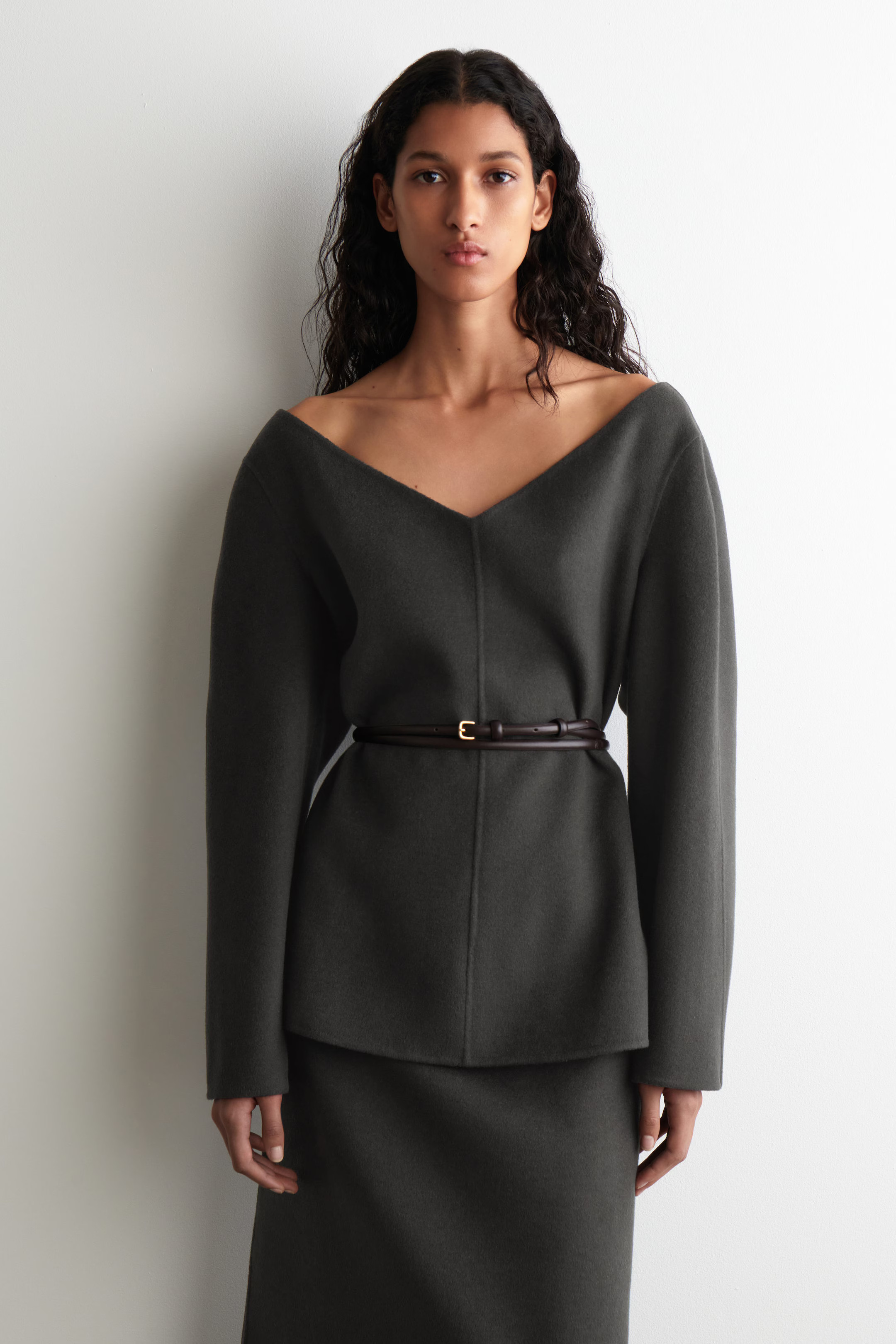 DOUBLE-FACED WOOL V-NECK TOP - STEEL | COS GB | COS UK