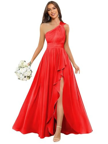 Chiffon One Shoulder Bridesmaid Dress with Pleated Bodice Long A Line Prom Dress for Women,Red Size 22 | Amazon (US)