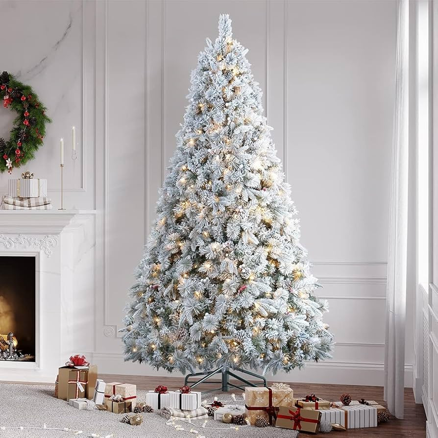 ANOTHERME 7.5ft Flocked Christmas Tree Prelit, White Christmas Tree with Lights, Pre-Lit 550 Warm... | Amazon (US)