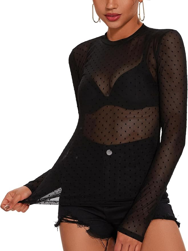 AKEWEI Womens Mesh Long Sleeve Tops Crew Neck Sexy See Through Tee Shirts Party Club Night Lace B... | Amazon (US)