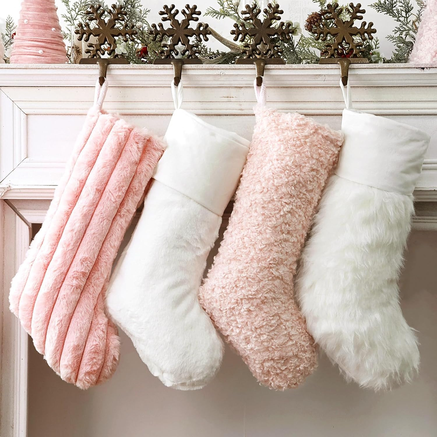 Bunny Chorus Christmas Stockings, 4 Pcs 18 Inch Lovely Thick Plush Faux Fur Soft Stocking with 4 Pink & White Styles, Cozy Merry Christmas Home Décor Xmas Party Christmas Decorations Winter Gifts | Amazon (US)