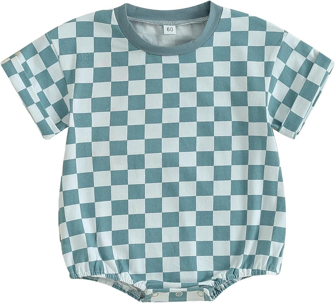Karuedoo Newborn Baby Boy Girl Clothes Checkered T-Shirt Bubble Romper Oversized Short Sleeve One... | Amazon (US)