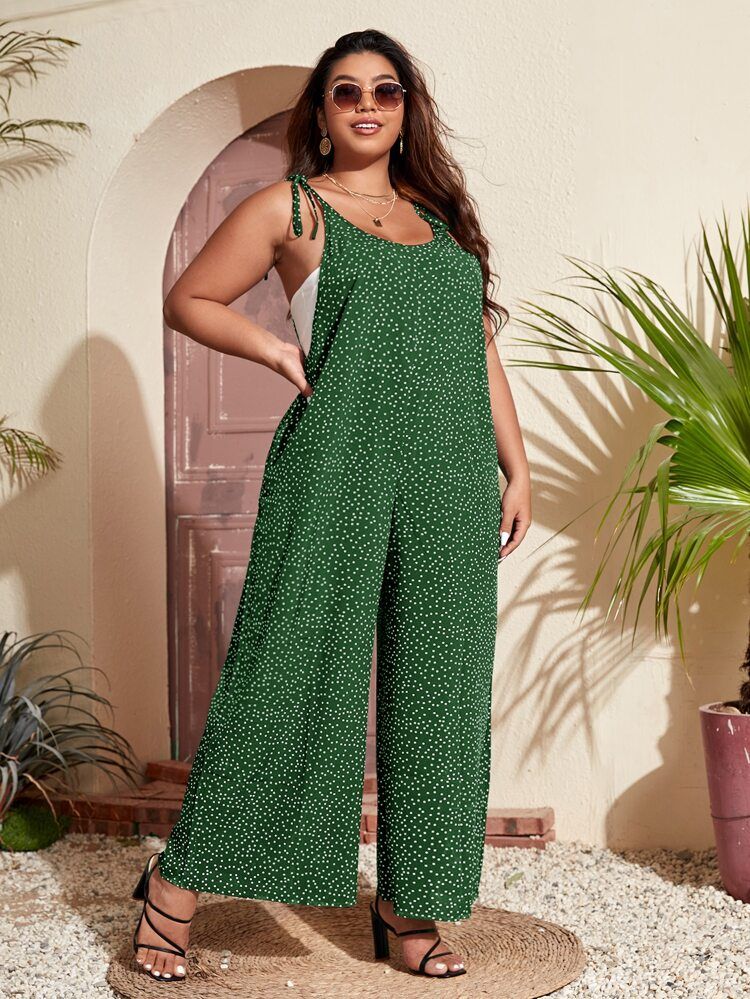 SHEIN VCAY Plus Polka Dot Knot Shoulder Cami Jumpsuit | SHEIN