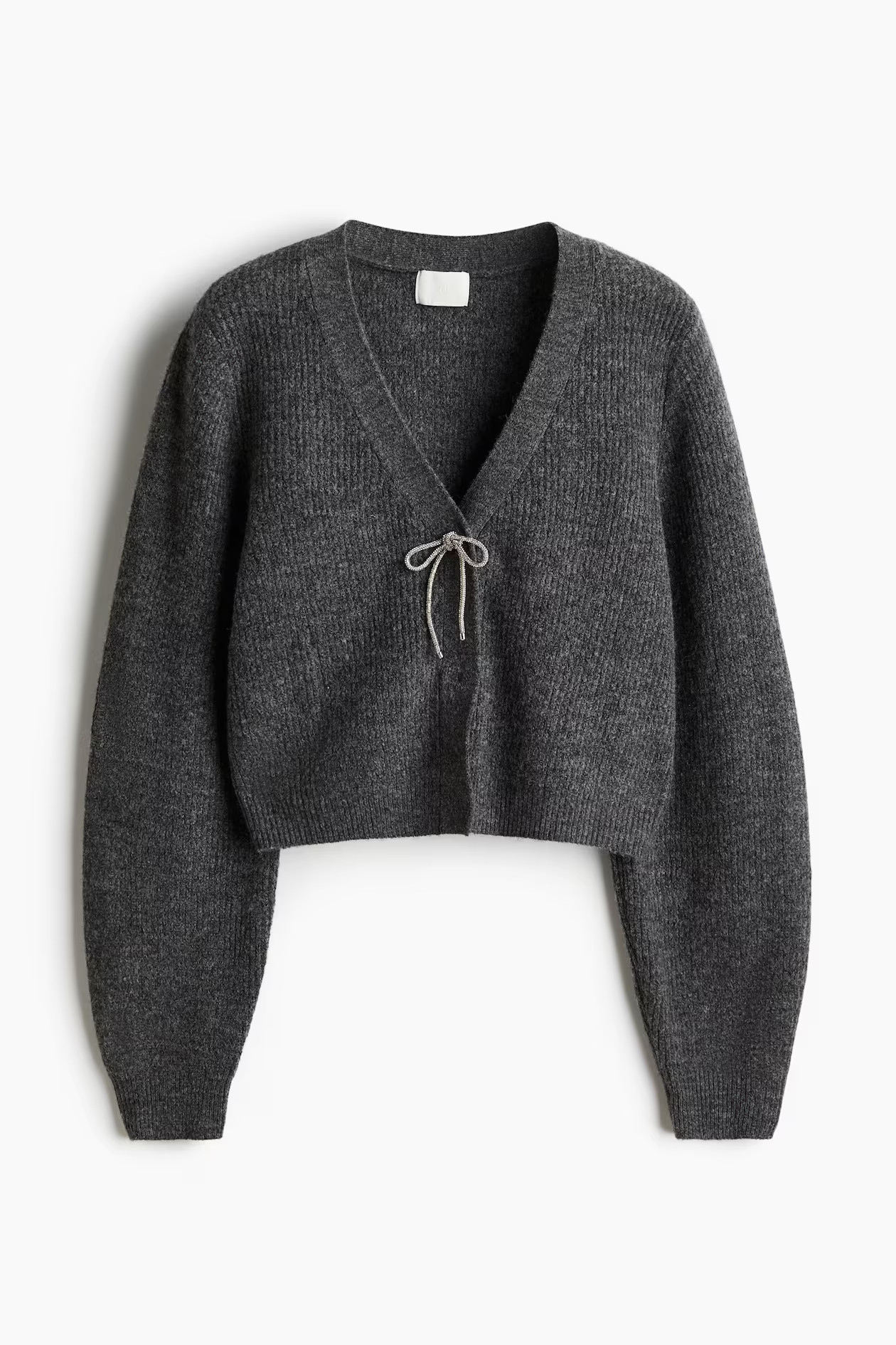 Bow-Detail Rib-Knit Cardigan - Dark gray melange - Ladies | H&M US | H&M (US + CA)