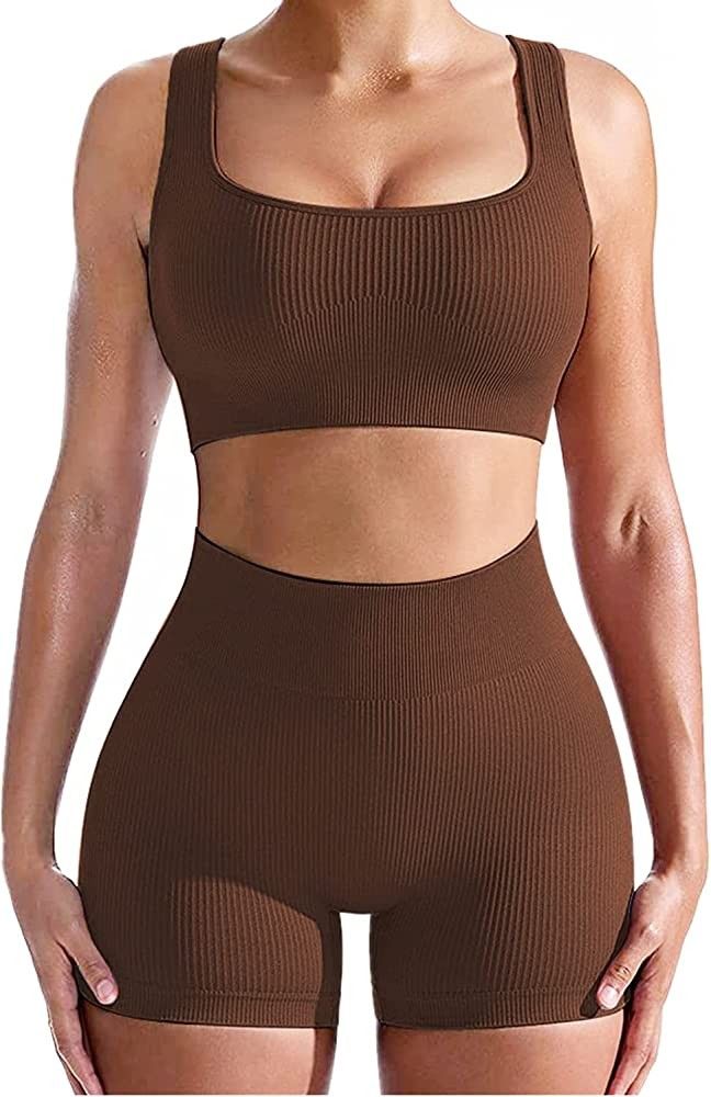 Workout Sets for Women, Seamless Crop Tops Leggings Matching 2 Pieces Outfits, Sexy Two Piece Yoga W | Amazon (US)