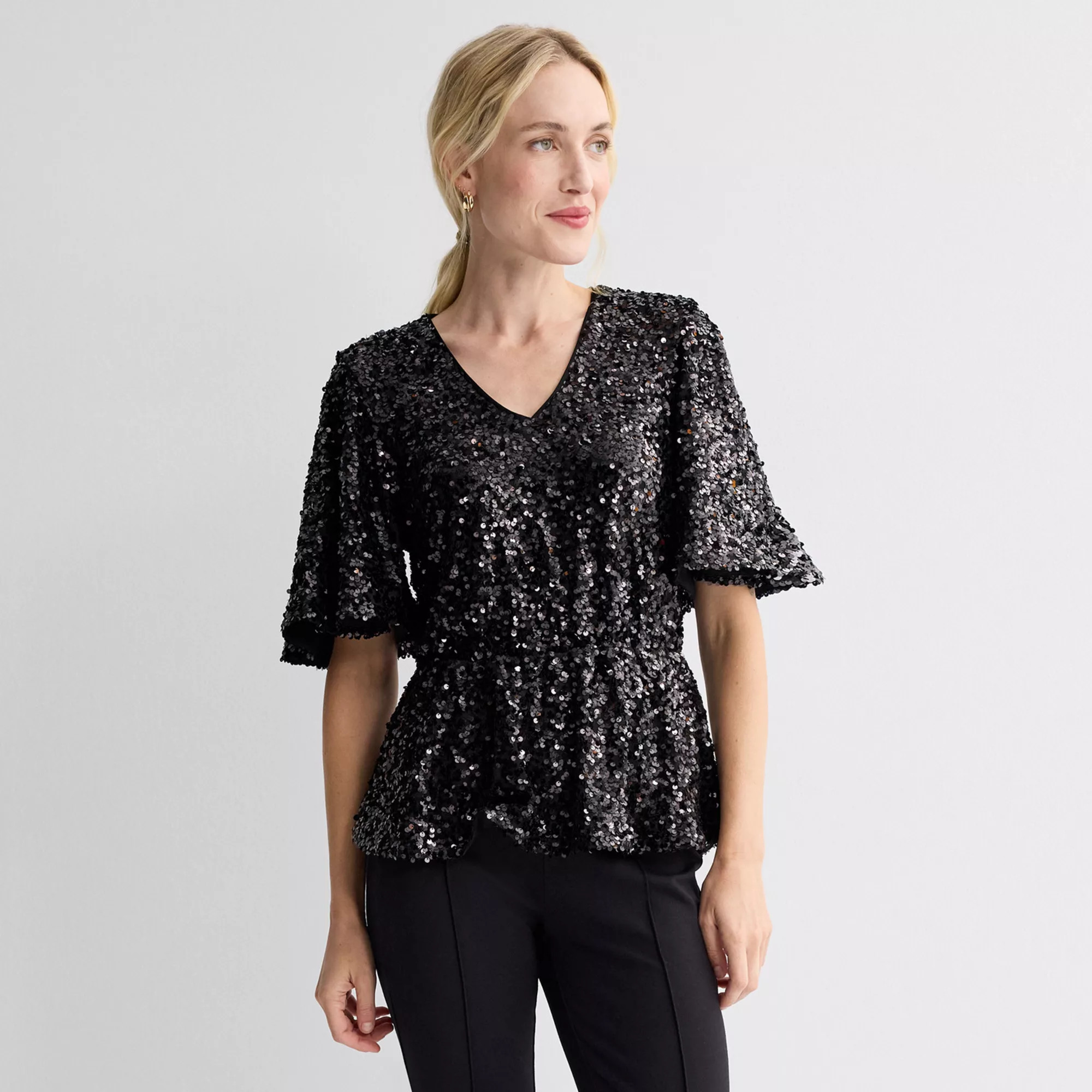 Women's Nine West Flutter Sleeve Sequin Top, Size: XS, Mineral Black | Kohl's