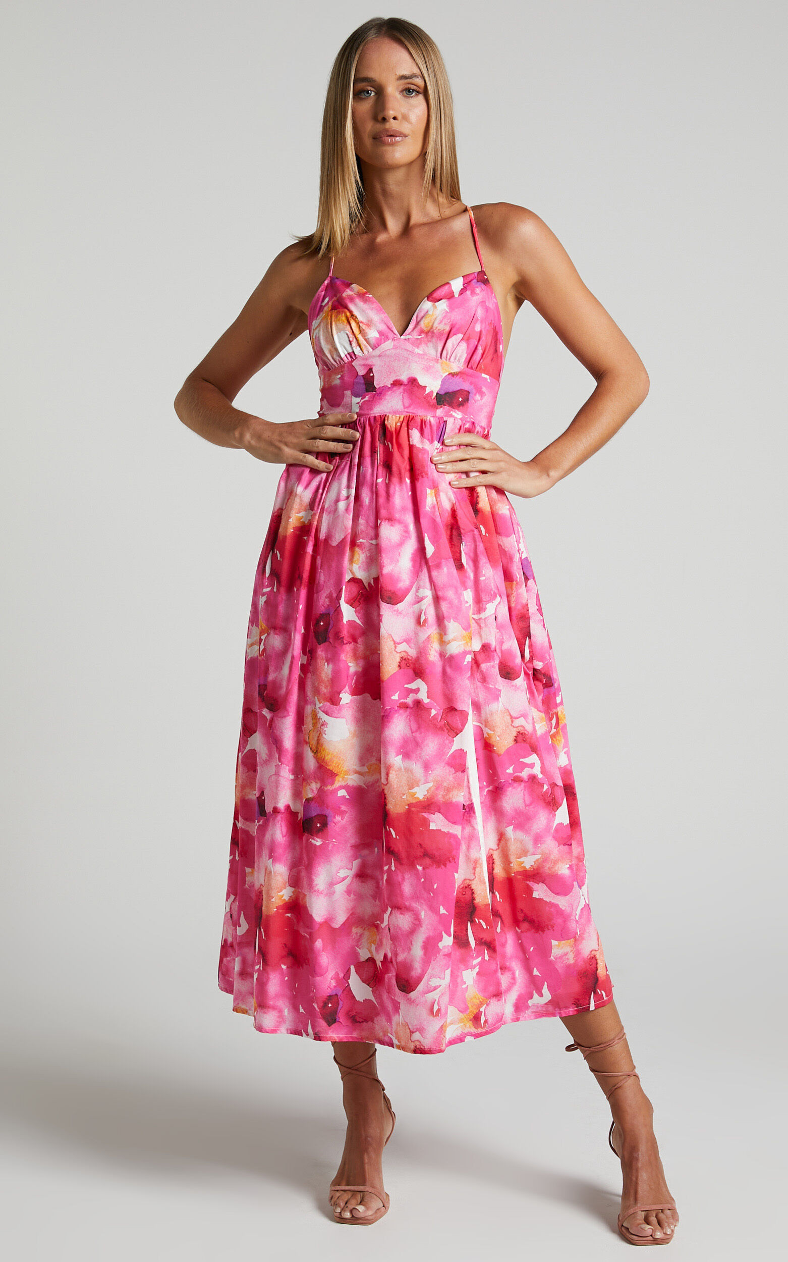 Shairah Midi Dress - Cross Back Gathered Sweetheart Dress in Watercolour Bloom | Showpo (US, UK & Europe)