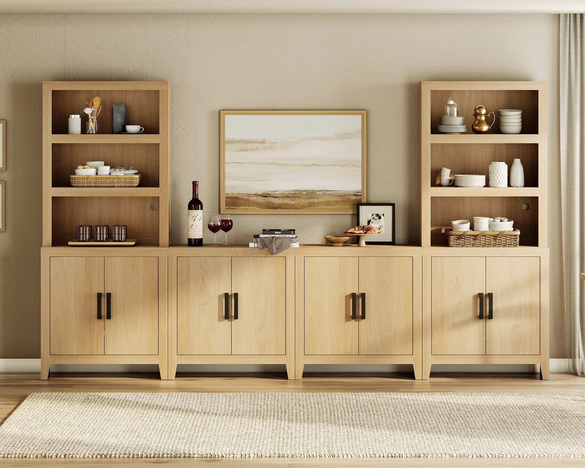 126" Wide Kitchen Pantry Cabinet With Open Shelves And 4-Door Storage, Rustic Wood Sideboard Buffet With Hutches, Modular Coffee Bar And Wine Cabinet | Wayfair North America