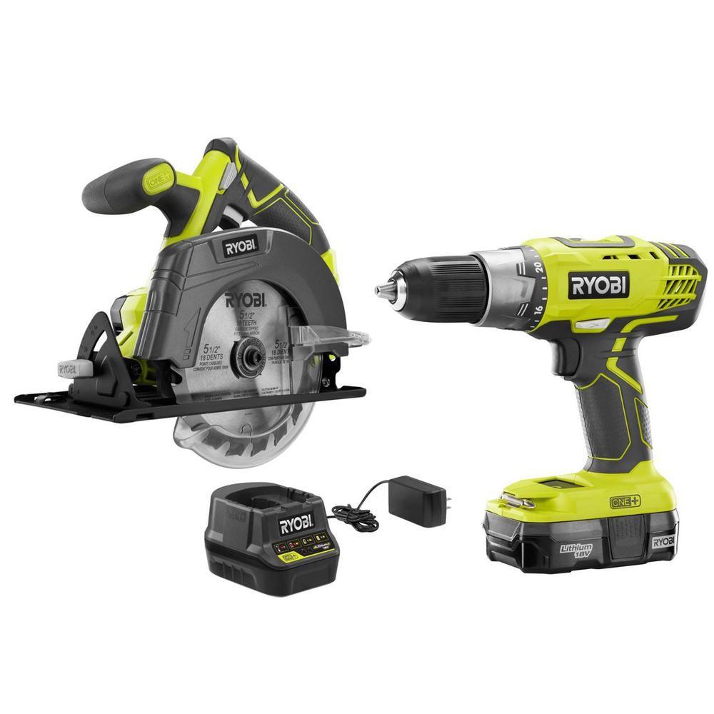 RYOBI 18-Volt ONE+ Lithium-Ion Cordless Drill/Driver and Circular Saw Kit with (1) 2.0 Ah Battery, C | The Home Depot