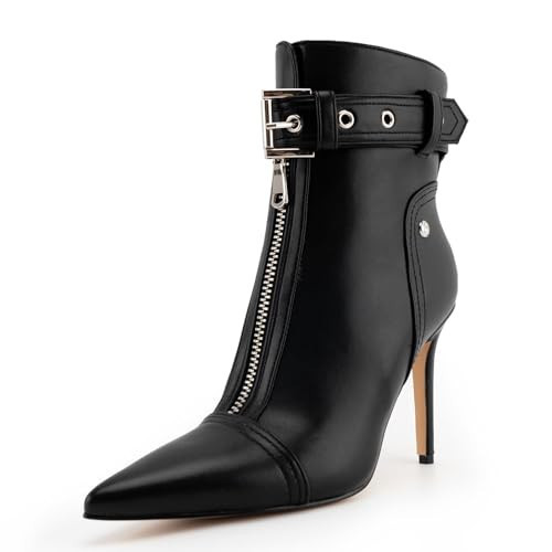 VARECOLA Women Pointed Toe Black Boots Front Zipper Ankle Boots Stiletto Heel Buckle Strap Short Booties Sexy Nightclub Boots for Lady 9.5 | Amazon (US)