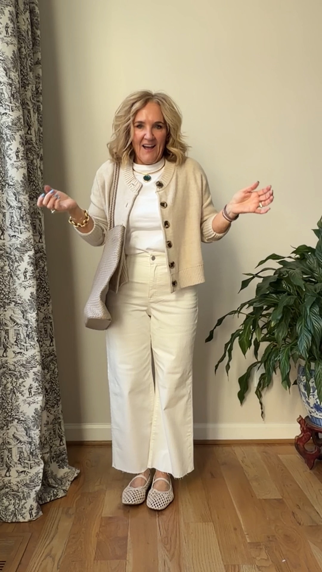 I sized down in the jeans and white tee. 
Sweater is speckled beige size medium

Neutral outfit @jcrew 

#LTKootd #LTKSaleAlert #LTKOver40