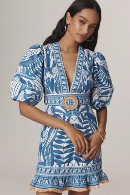 Farm Rio Linen Blend Lace Nature Puff-Sleeve V-Neck Belted Mini Dress | Anthropologie (US)