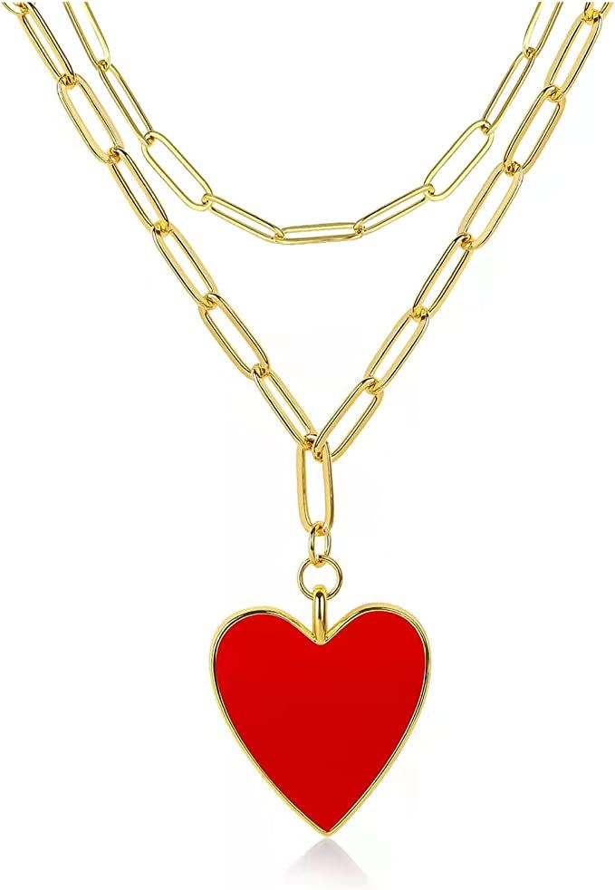 CILILI Preppy Heart Necklace for Women Girls, Forever Love Heart Enamel Crystal Pendant Paperclip... | Amazon (US)