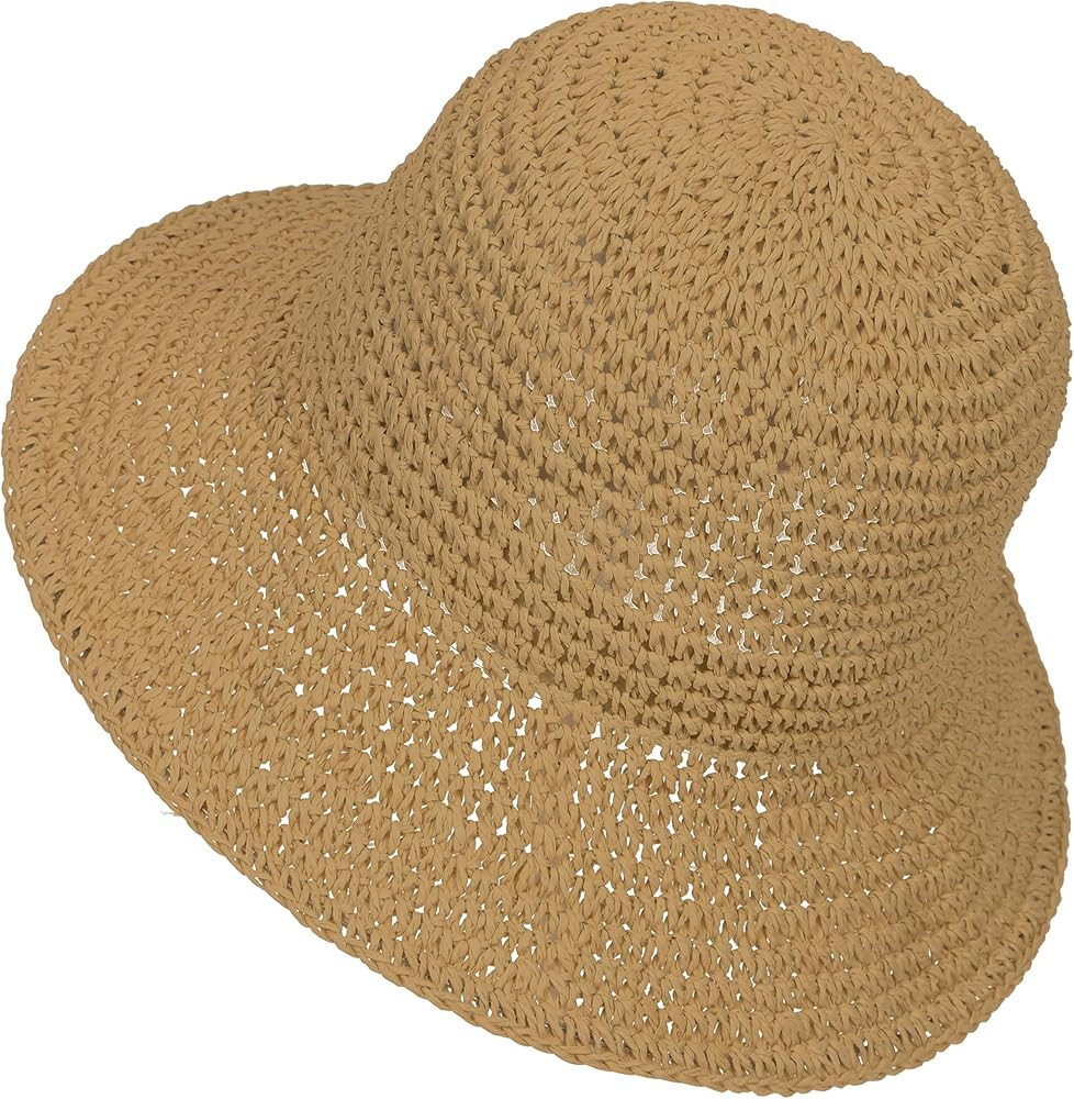 Womens Sun Hat Handmade Crochet Straw Bucket Hat Summer UV Protection Foldable Travel Cap UPF 50+ | Amazon (US)