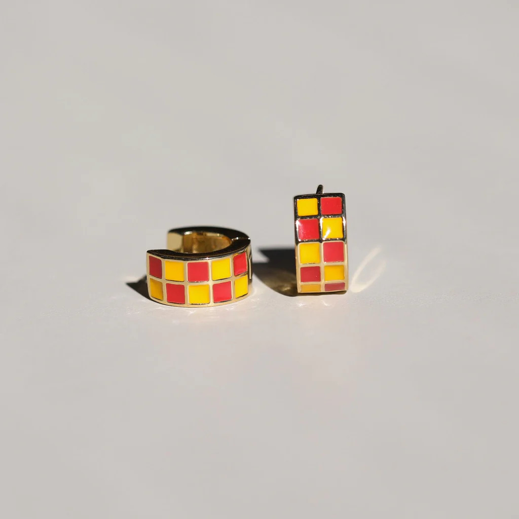 Red & Yellow Checkered Enamel Huggies | Nickel and Suede