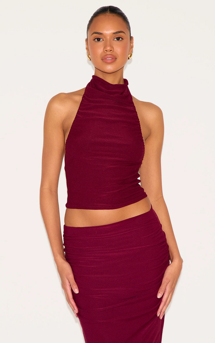 Burgundy Soft Touch Ruched Halterneck Crop Top | PrettyLittleThing UK