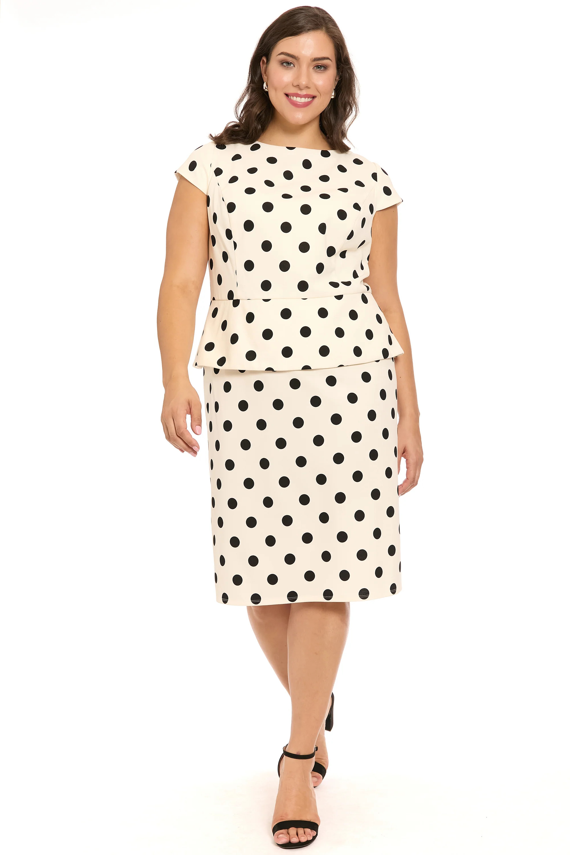 Nadya Cap Sleeve Peplum Sheath in Quarter Dots | London Times | Maggy London