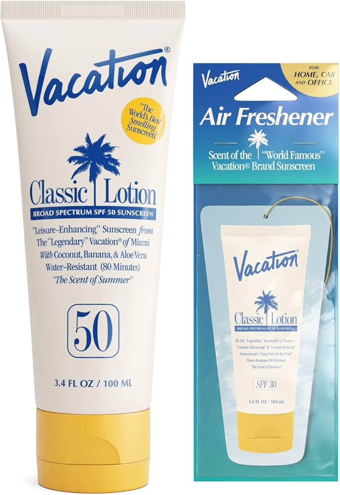 Vacation Classic Sunscreen Lotion SPF 50 & Air Freshener Bundle, Water-Resistant, Lightweight, Tr... | Amazon (US)