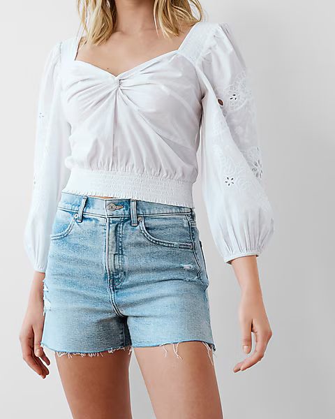 Super High Waisted Light Wash Denim Boyfriend Shorts | Express