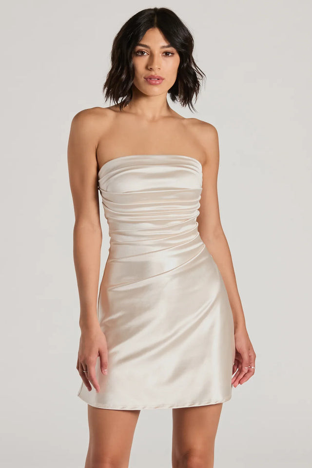 Perfect Glow Strapless Pleat A-Line Satin Mini Dress | Windsor Stores