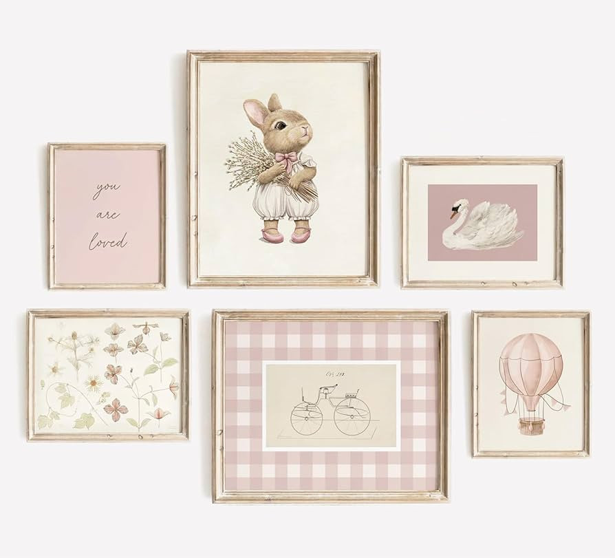 Pink Nursery Wall Art Baby Girl Canvas Wall Decor Vintage Poster Bunny Flower Wall Art Antique Pr... | Amazon (US)