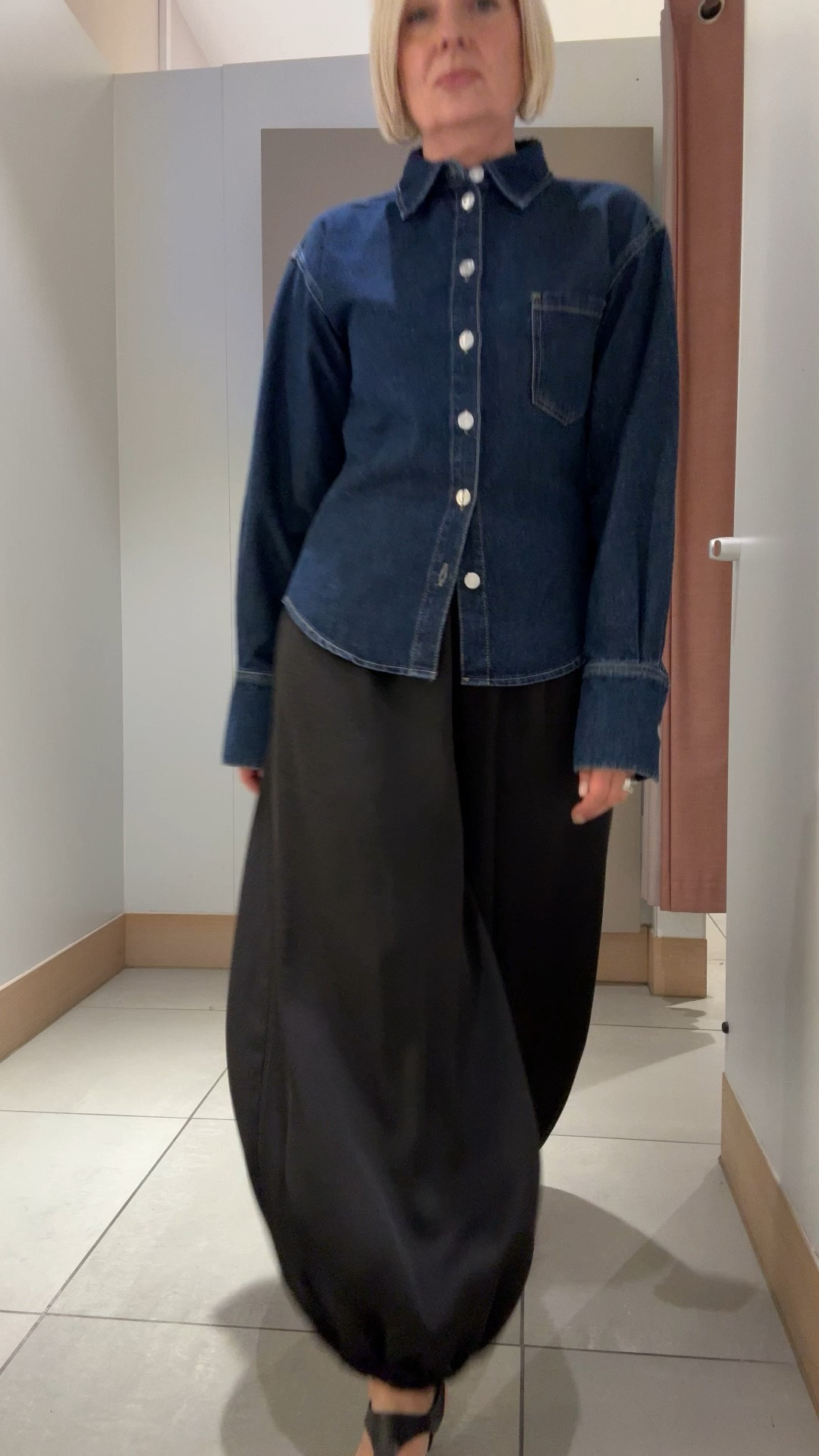 Satin balloon pants size 10
Fitted denim shirt size 12
Black heeled sandals