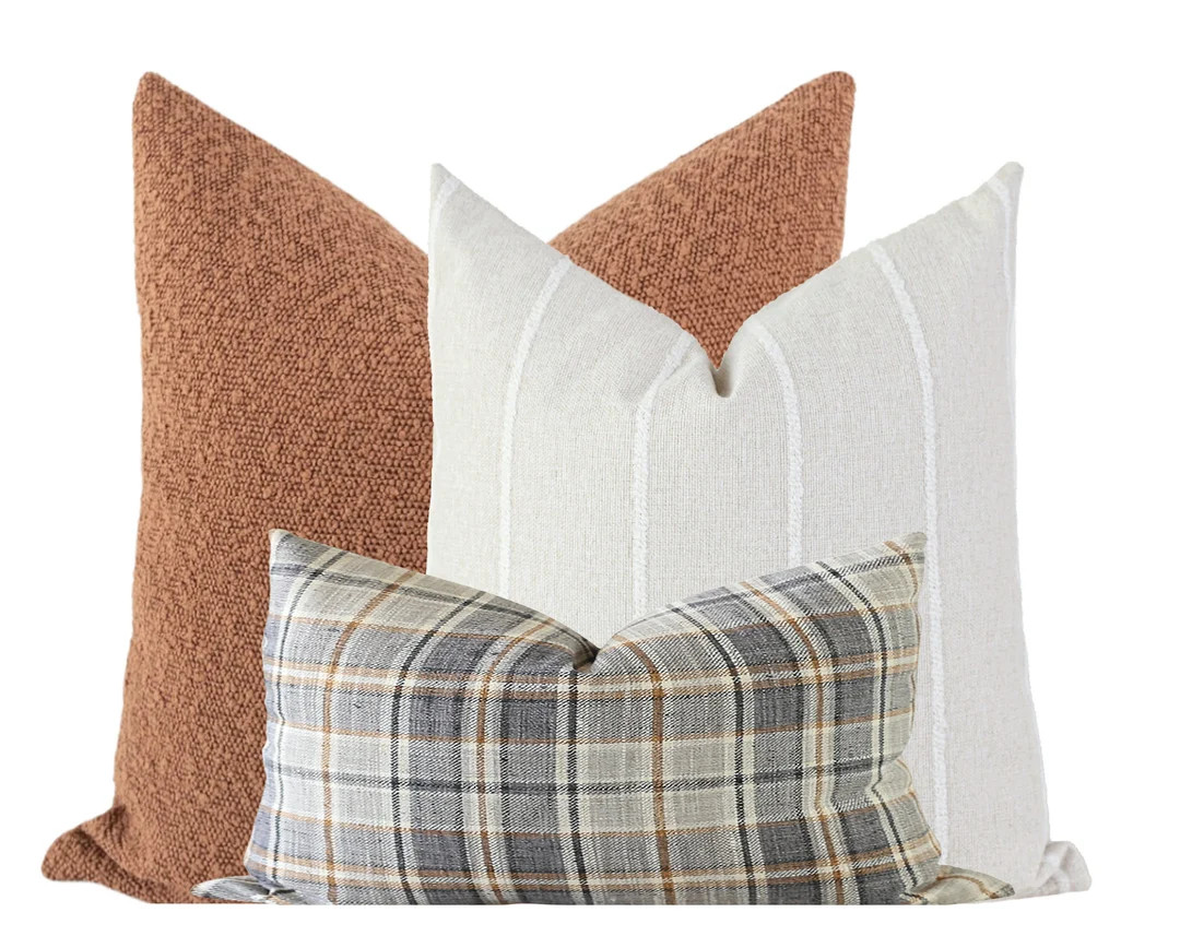Neutral Plaid Pillow Boucle Couch Pillows Set Rustic Pillow - Etsy | Etsy (US)