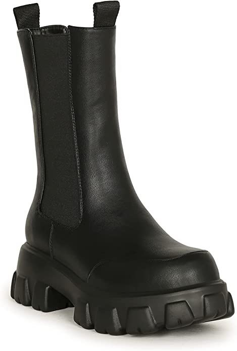 Amazon.com | Alrisco Women's Mid Calf Boot Chunky Elastic Collar Round Toe Lightweight Lugged Sol... | Amazon (US)