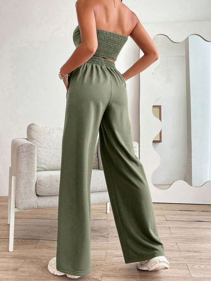SHEIN EZwear Solid Tube Top & Wide Leg Pants | SHEIN