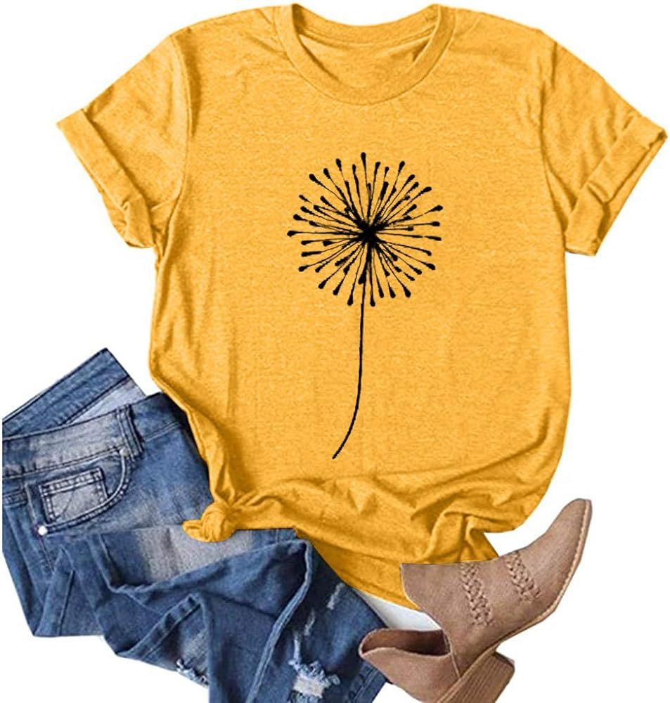 FABIURT T-Shirts for Women,Women's Summer Tops Funny Graphic T-Shirts Casual Dandelion Printed Bl... | Amazon (US)