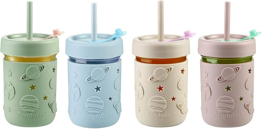 PandaEar 4 Pack Kids & Toddler Glass Cups, Glass Mason Jar Cups 8.45 oz with Silicone Sleeves & S... | Amazon (US)