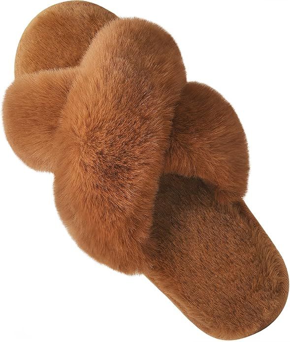 Women's Cross Band Slippers Fuzzy Soft House Slippers Plush Furry Warm Cozy Open Toe Fluffy Home ... | Amazon (US)