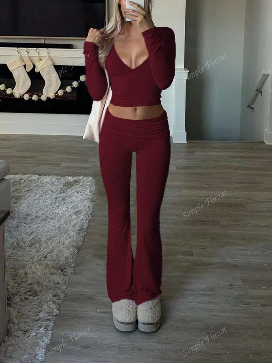 Women's Solid Color Simple Long Sleeve V-Neck Top And Trousers Knit Two-Piece Set | SHEIN