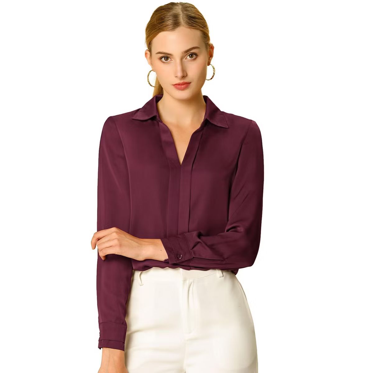 Allegra K Women's Elegant V Neck Long Sleeve Office Work Satin Blouse | Target