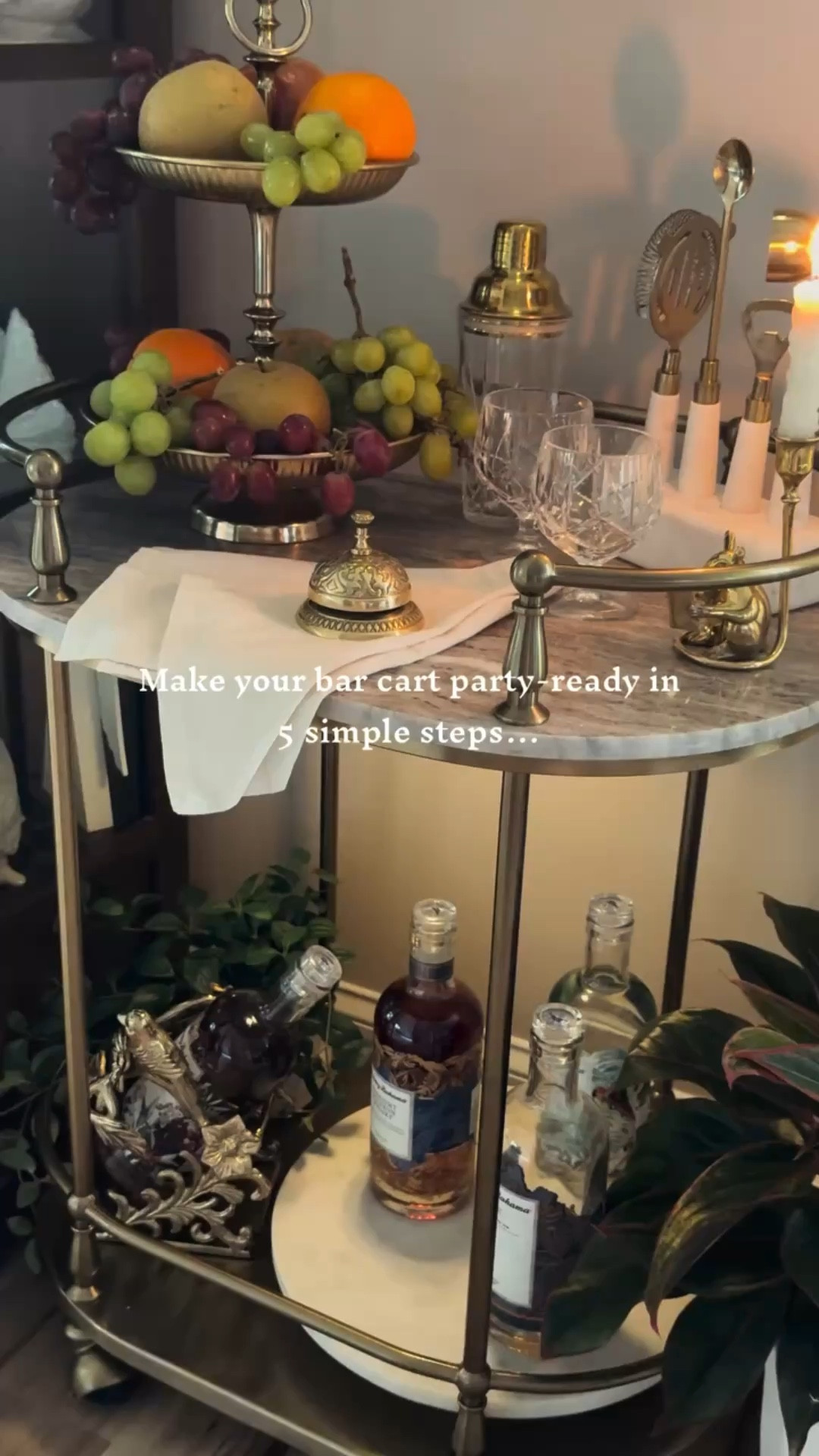 Make your bar cart party-ready in 5 simple steps…

Step 1: Layer in a plant for a pop of greenery and life.
Step 2: Add your bar essentials, bottles, glasses, bar tools, etc.
Step 3: Add a two-tier tray with fruit.
Step 4: Add one or two standout pieces to complete the look.
Step 5: Step back and enjoy your masterpiece.

Everything here is a mix of older + unique finds, but this is all about the inspiration. Save it and recreate it with your own pieces 🤍

#cozyathome #cozyvibes #homedecor #howto #barcart

#LTKHome