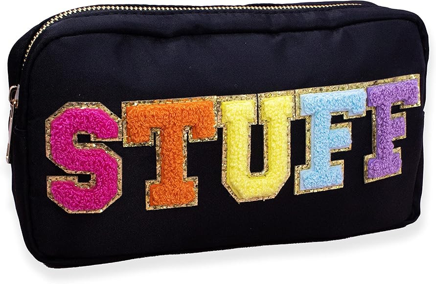 Fablinks Preppy Makeup Pouch, Chenille Varsity Letter Stuff Bag, Black Nylon Skin Care Patch Bags... | Amazon (US)