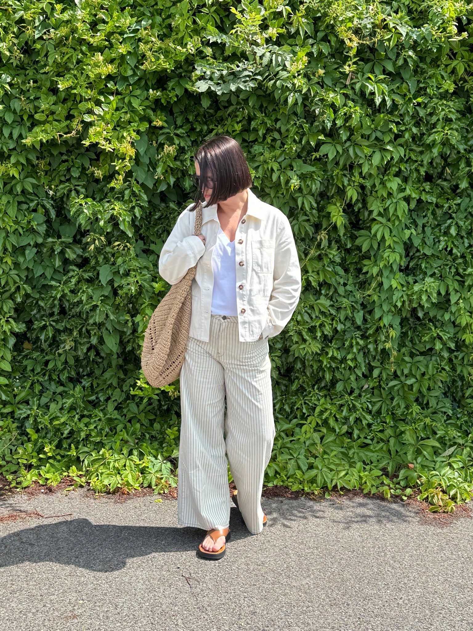 Double denim whites 
Wide leg jeans
Denim jacket
V-neck tshirt
Rattan shoulder bag

#LTKuk #LTKeurope #LTKsummer